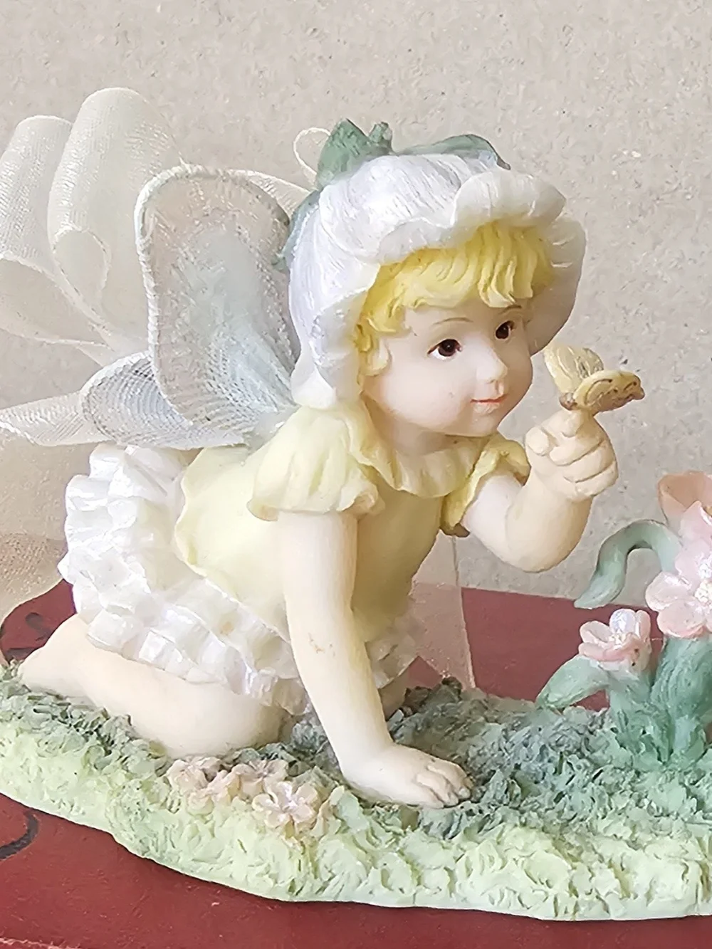 4 Vintage Porcelain Figurines, Enesco Fairy, Sleeping Cat, Stork And Mand. Girl